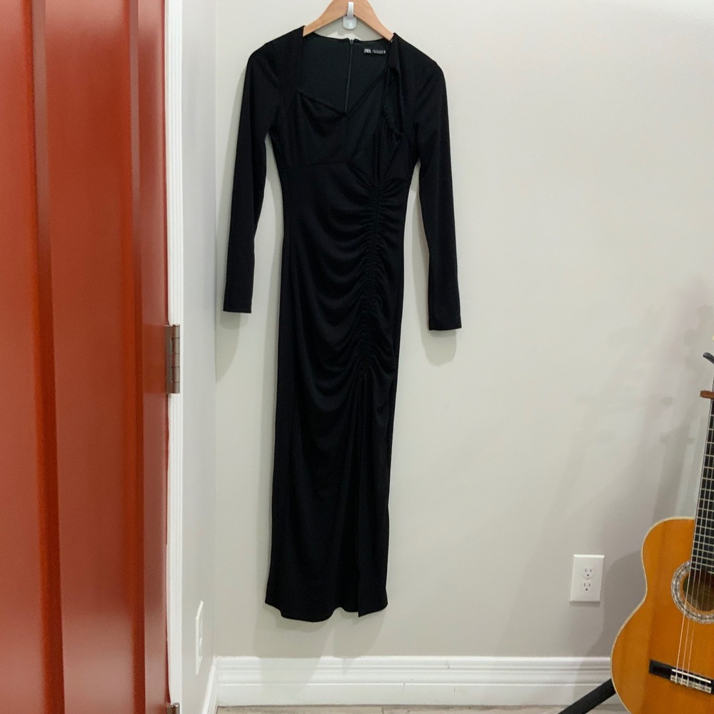 Zara Black Ruched Long Sleeve Midi Dress Cutout Tie Neck Small